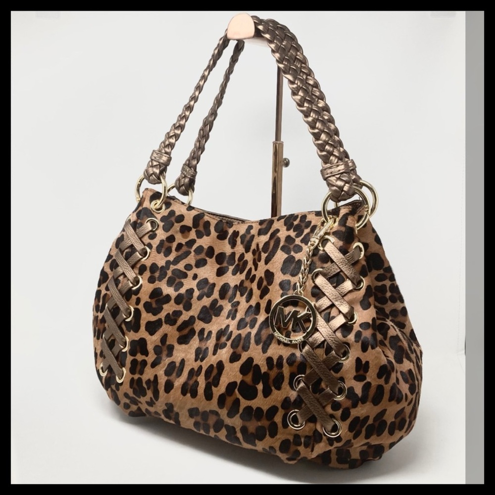 🔥 Michael Kors Rare Calf Hair Leopard Double-Leather Strap Hobo — Luxe & Mint! - Picture 2 of 13